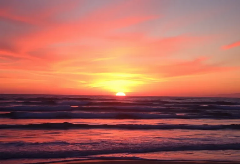 A beautiful sunset over a California beach with waves.