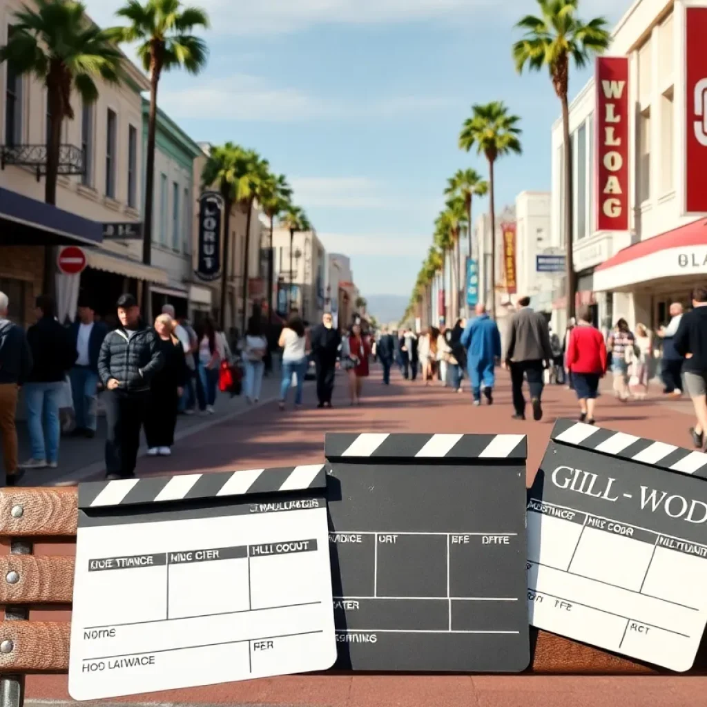 Empty Hollywood film set surrounded by clapperboards and reels