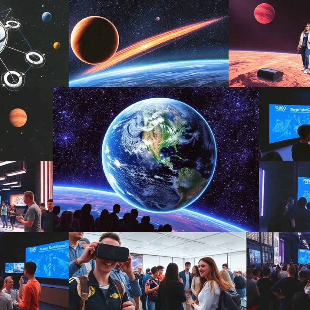 A collage depicting various events related to space exploration, including art and community engagement.