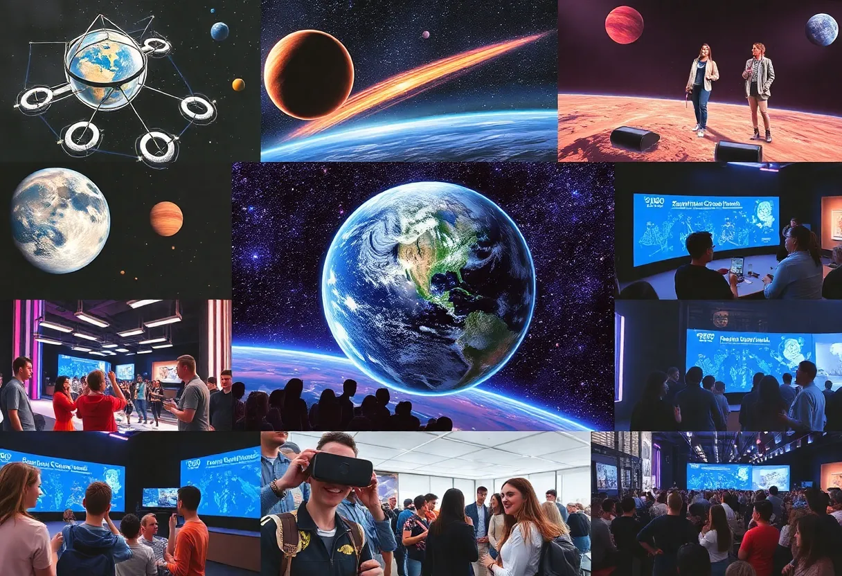 A collage depicting various events related to space exploration, including art and community engagement.