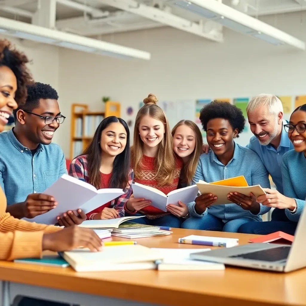 A group of diverse individuals engaged in studying and collaboration in a modern classroom
