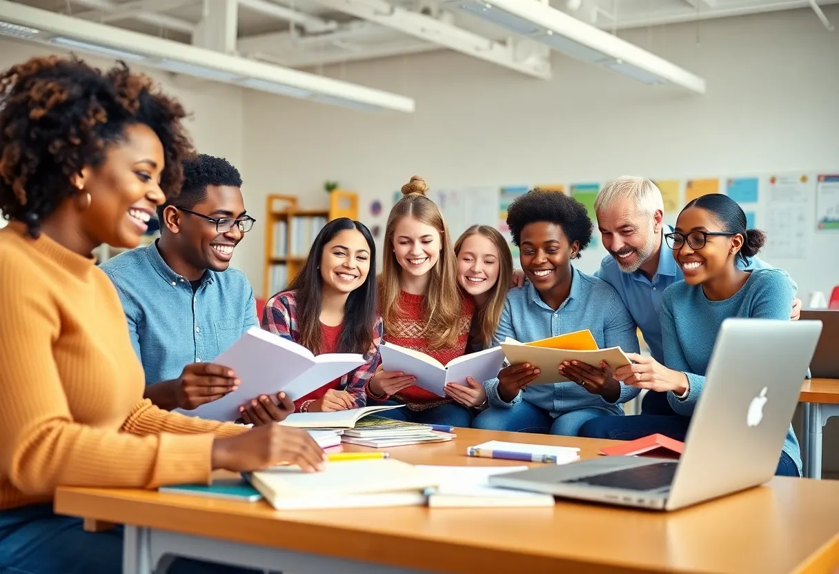 A group of diverse individuals engaged in studying and collaboration in a modern classroom