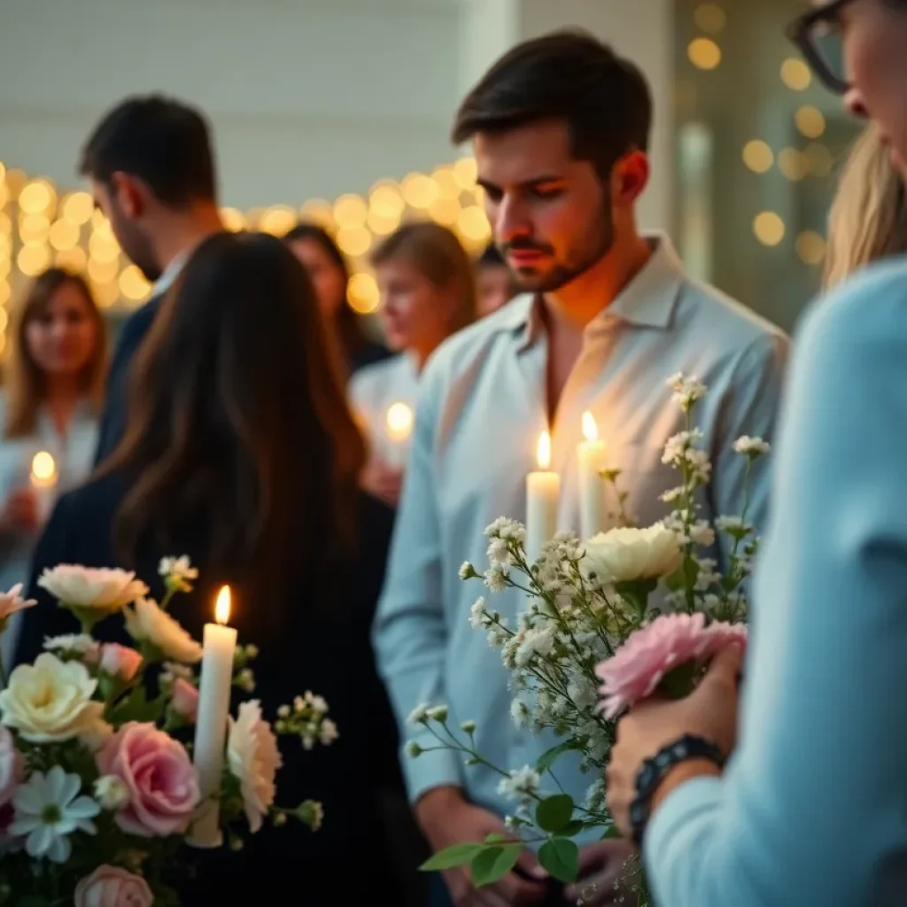 Gathering of people in remembrance with flowers and candles
