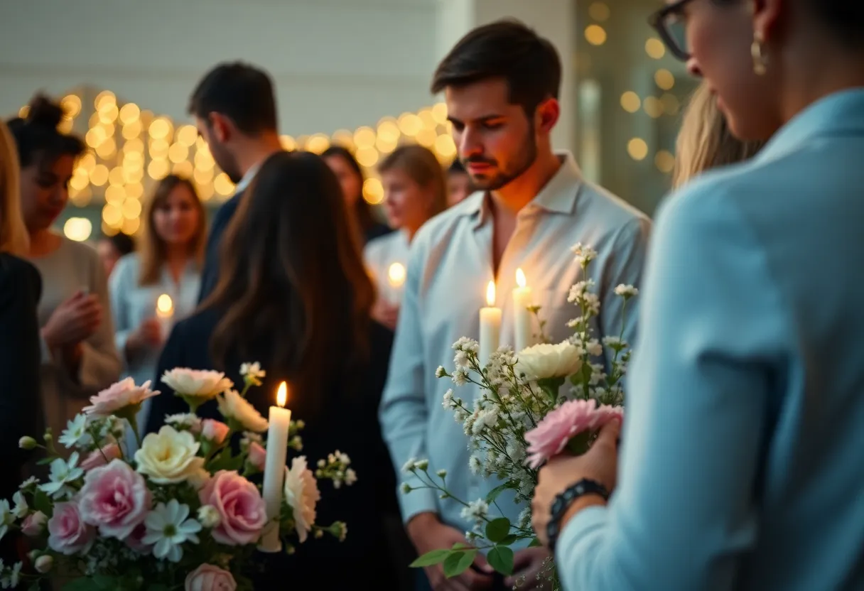 Gathering of people in remembrance with flowers and candles