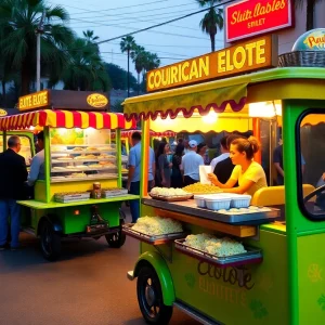 Gourmet elote golf carts in a Los Angeles neighborhood filled with customers enjoying traditional Mexican food