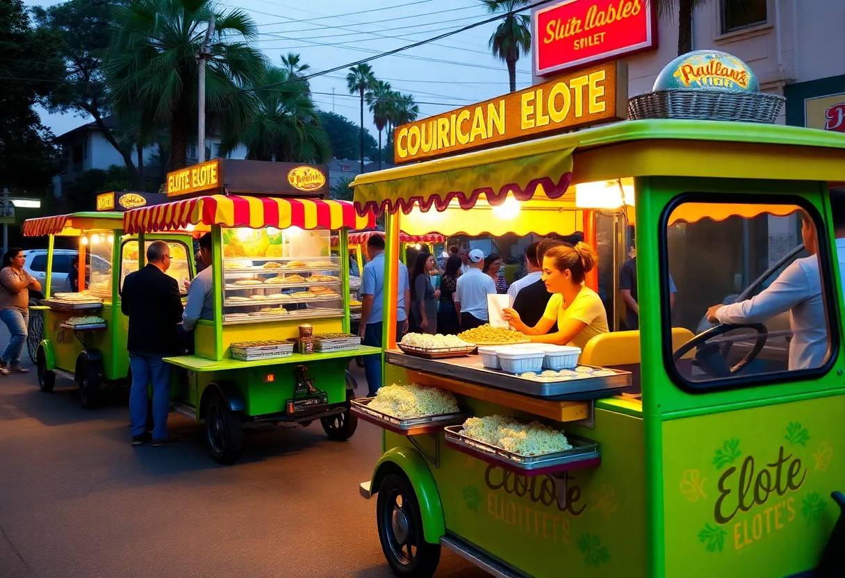 Gourmet elote golf carts in a Los Angeles neighborhood filled with customers enjoying traditional Mexican food