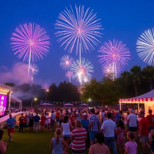 Celebration scene during Fourth of July in Southern California with fireworks and crowds.