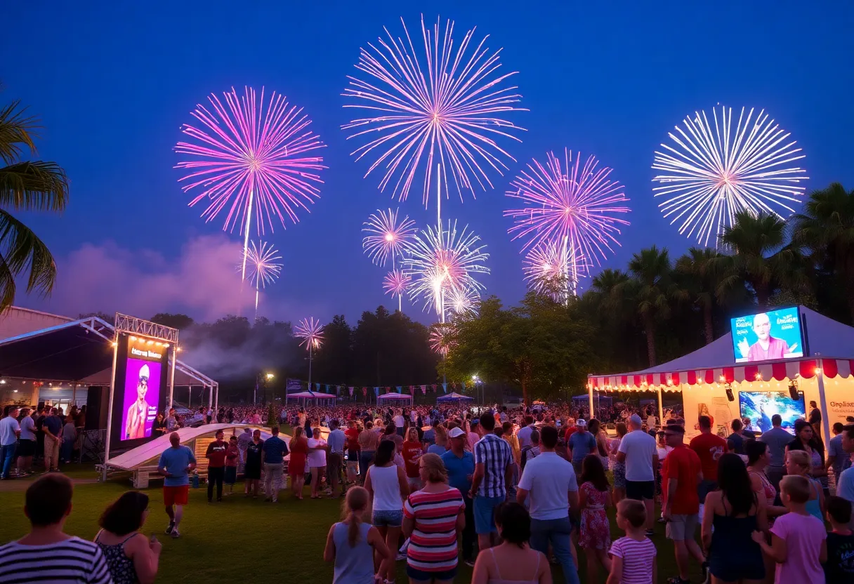 Celebration scene during Fourth of July in Southern California with fireworks and crowds.