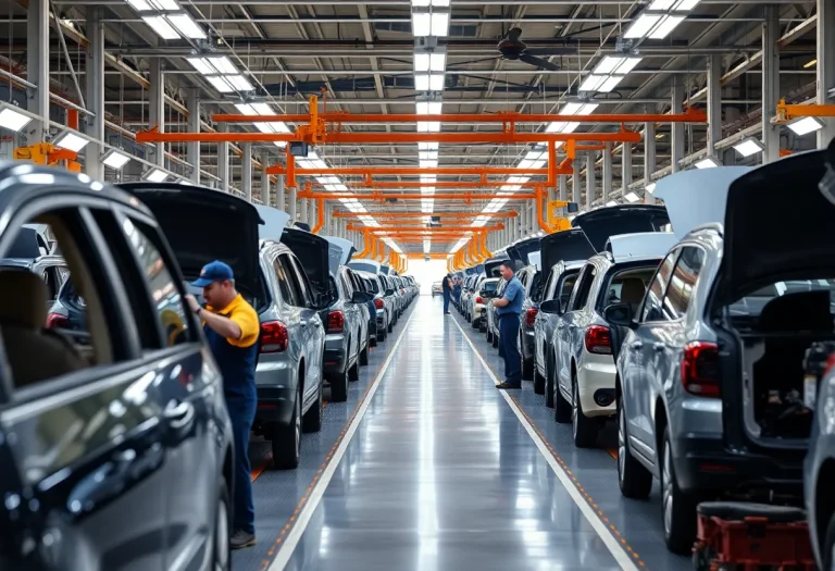 Workers assembling vehicles at GM assembly plant