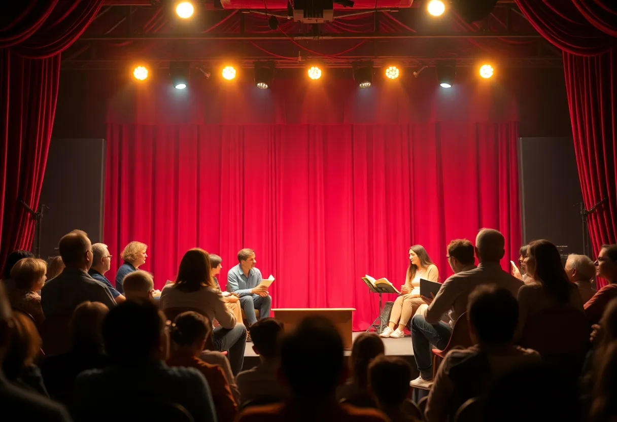 Vibrant stage scenery representing family themes and book club dynamics.