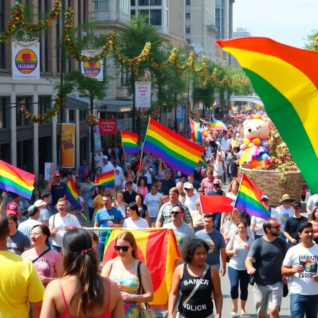 Crowd celebrating at the LA Pride Parade with colorful floats.