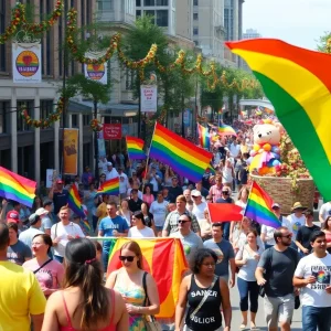 Crowd celebrating at the LA Pride Parade with colorful floats.