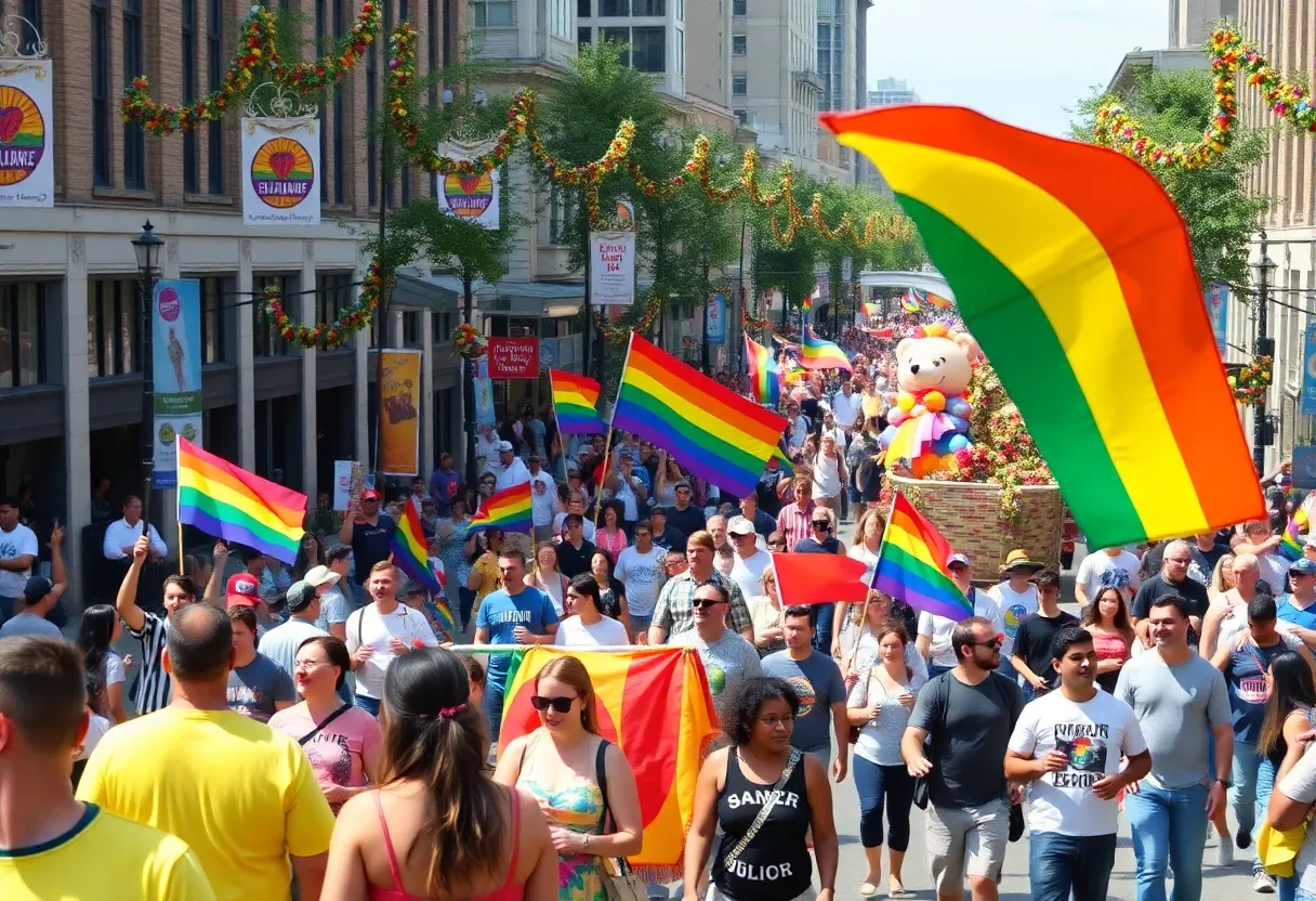 Crowd celebrating at the LA Pride Parade with colorful floats.