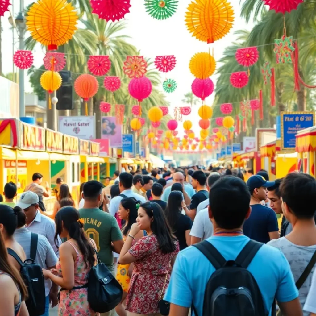 A lively cultural festival in Los Angeles with diverse participants enjoying food and dance.