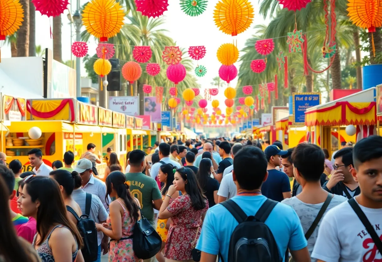 A lively cultural festival in Los Angeles with diverse participants enjoying food and dance.