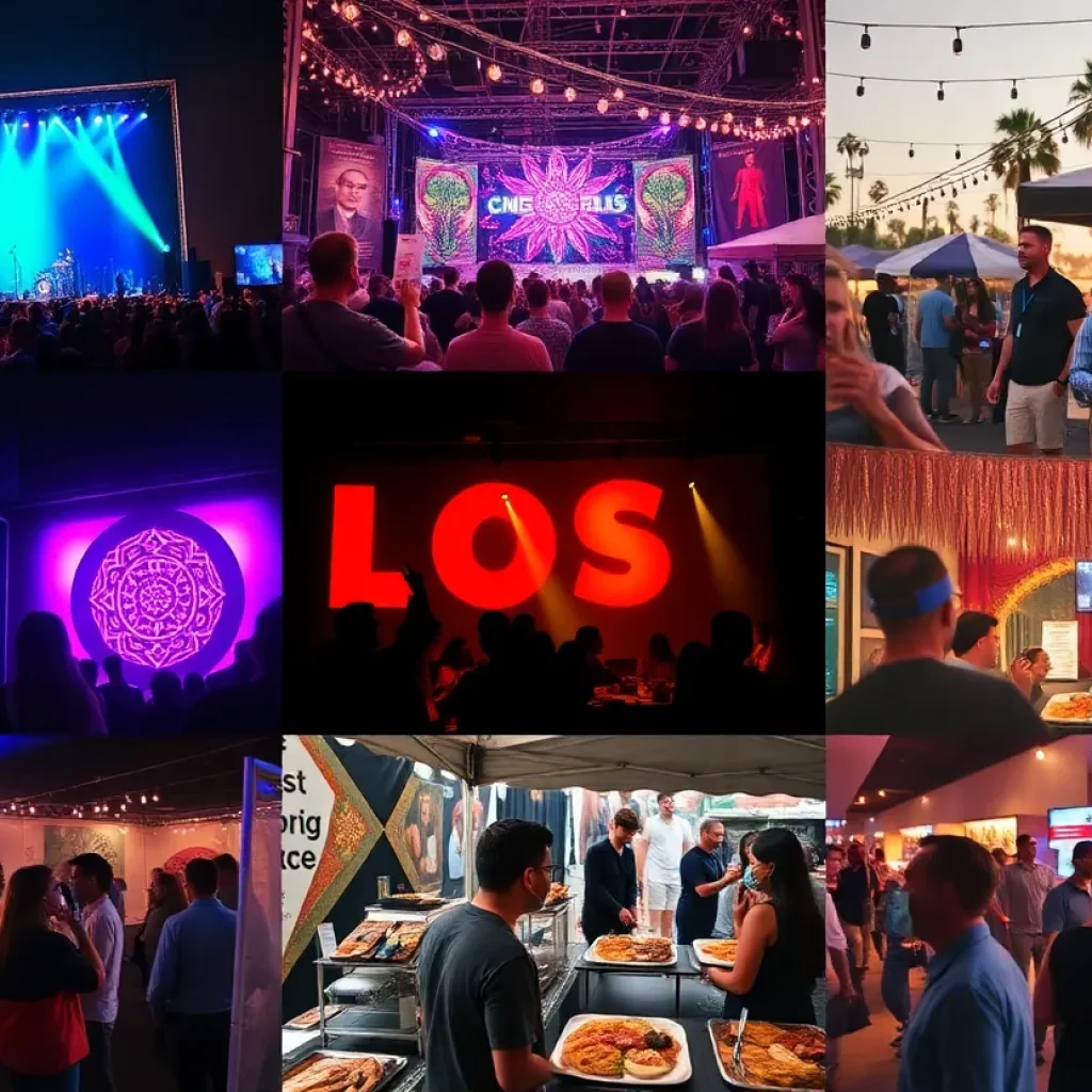 A vibrant scene of various cultural events in Los Angeles
