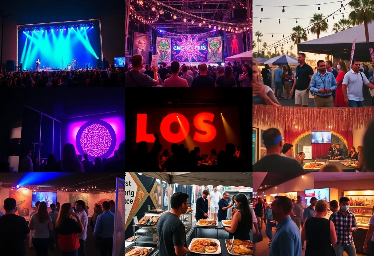A vibrant scene of various cultural events in Los Angeles