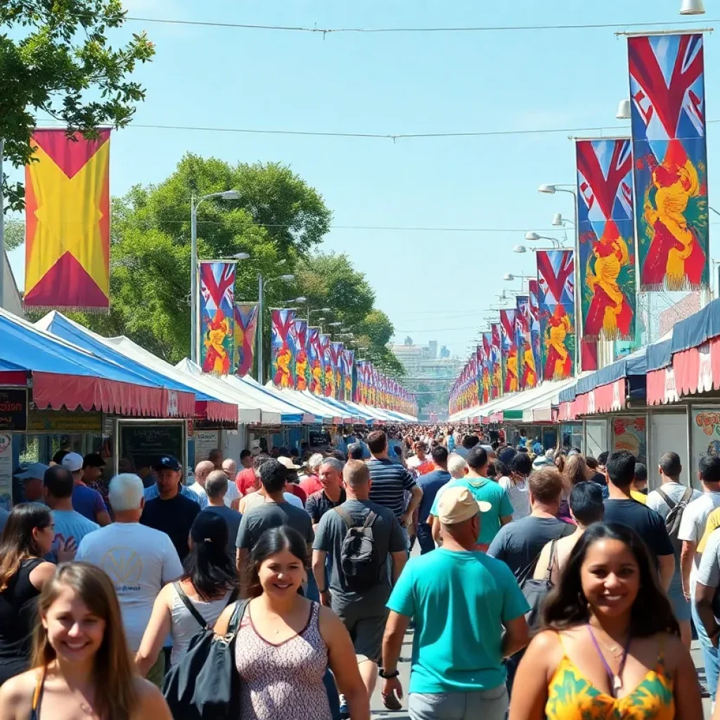 A lively Los Angeles street festival with diverse attendees.