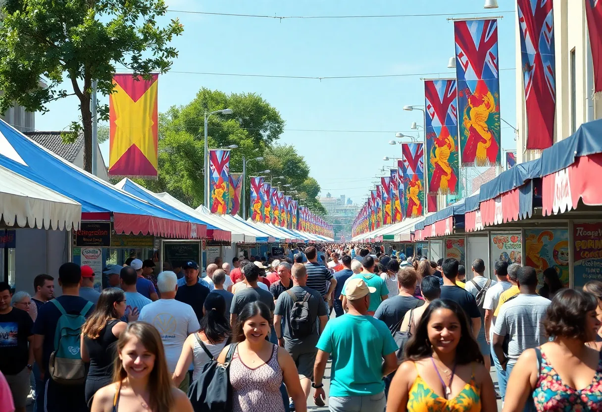 A lively Los Angeles street festival with diverse attendees.