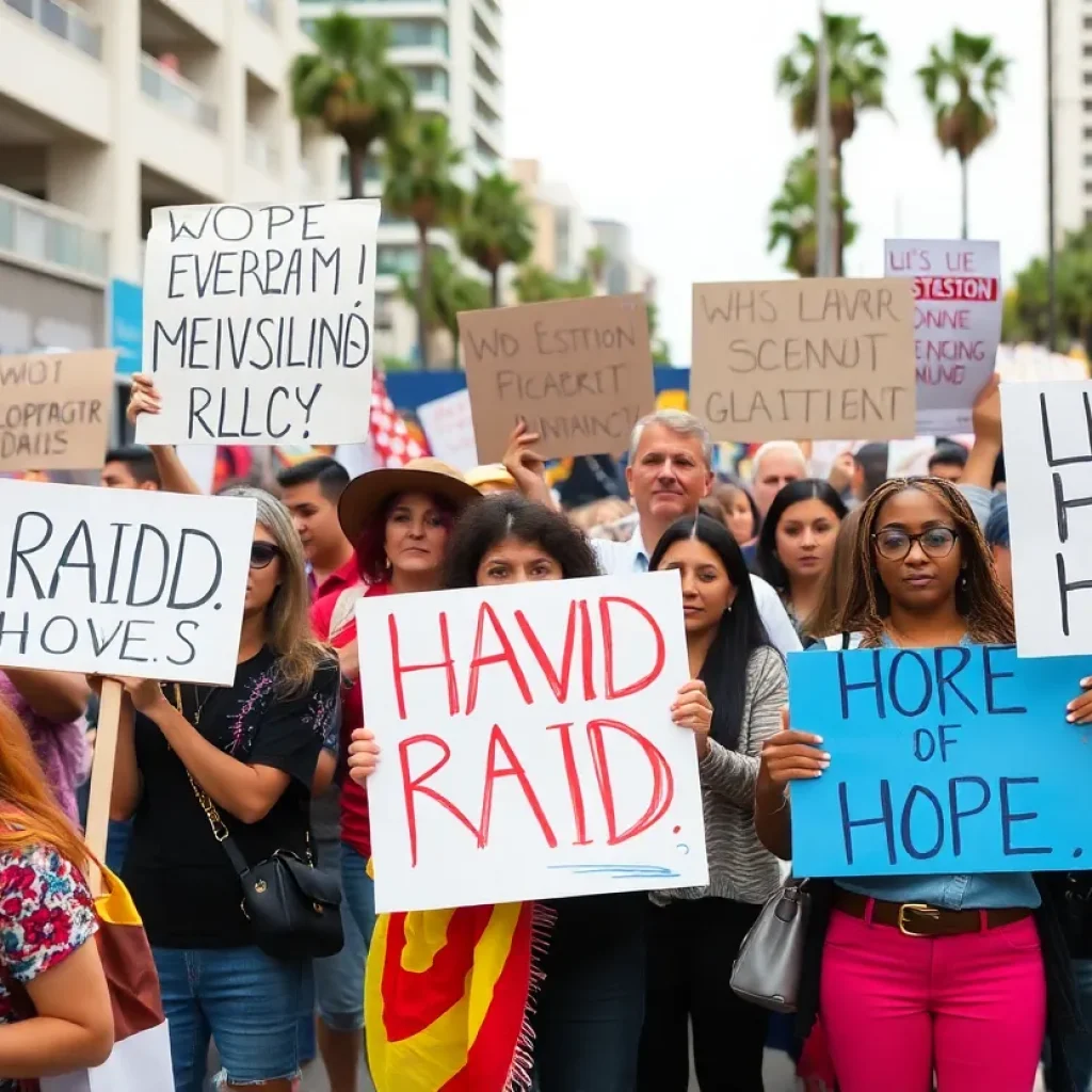 Diverse community members protesting against immigration raids in Los Angeles.