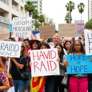 Diverse community members protesting against immigration raids in Los Angeles.