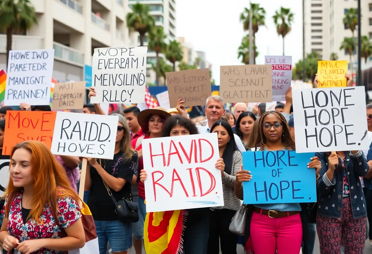 Diverse community members protesting against immigration raids in Los Angeles.