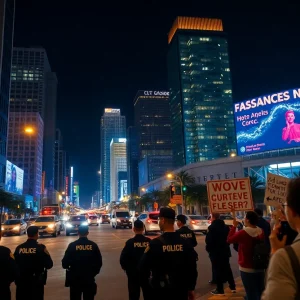 Night view of downtown Los Angeles under curfew with police presence.