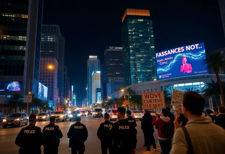Night view of downtown Los Angeles under curfew with police presence.