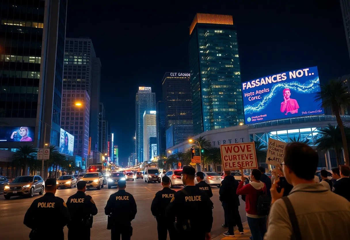 Night view of downtown Los Angeles under curfew with police presence.