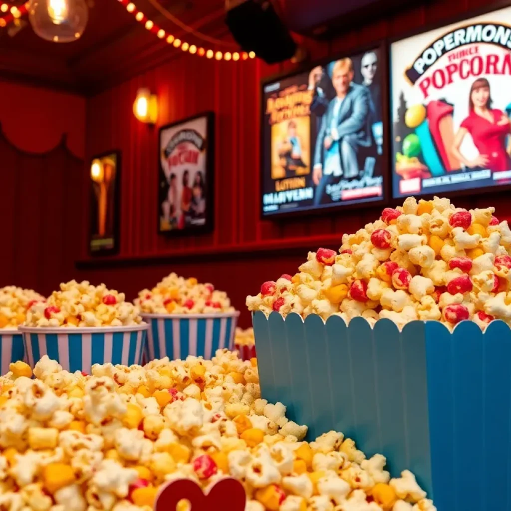 Vibrant display of flavored popcorn in a movie theater setting.
