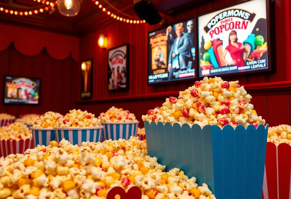Vibrant display of flavored popcorn in a movie theater setting.
