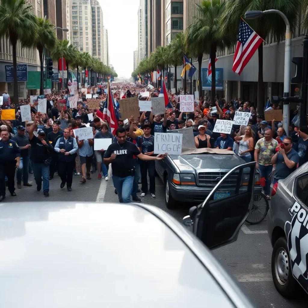 Crowds protesting in downtown Los Angeles with visible police presence