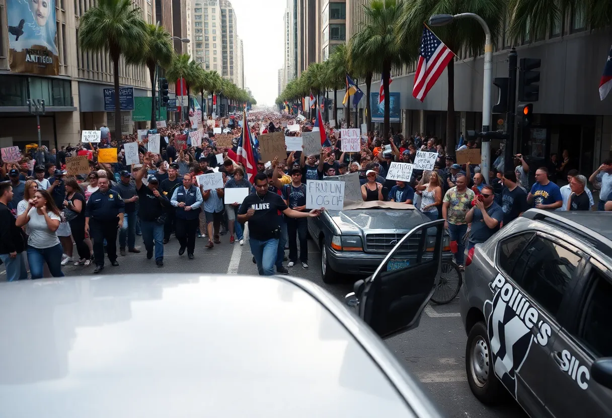 Crowds protesting in downtown Los Angeles with visible police presence