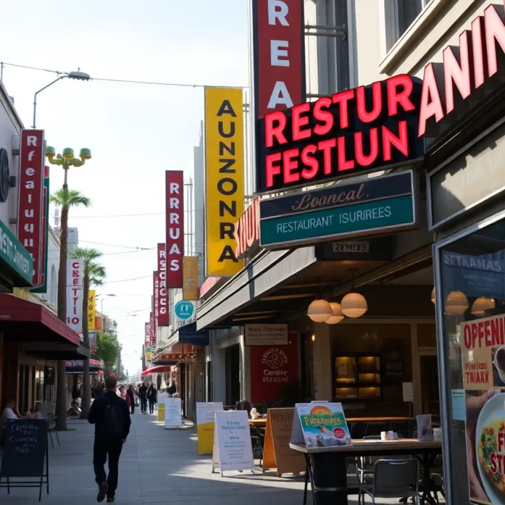 A street view depicting new restaurant openings in Los Angeles with outdoor dining setups and diverse food options.