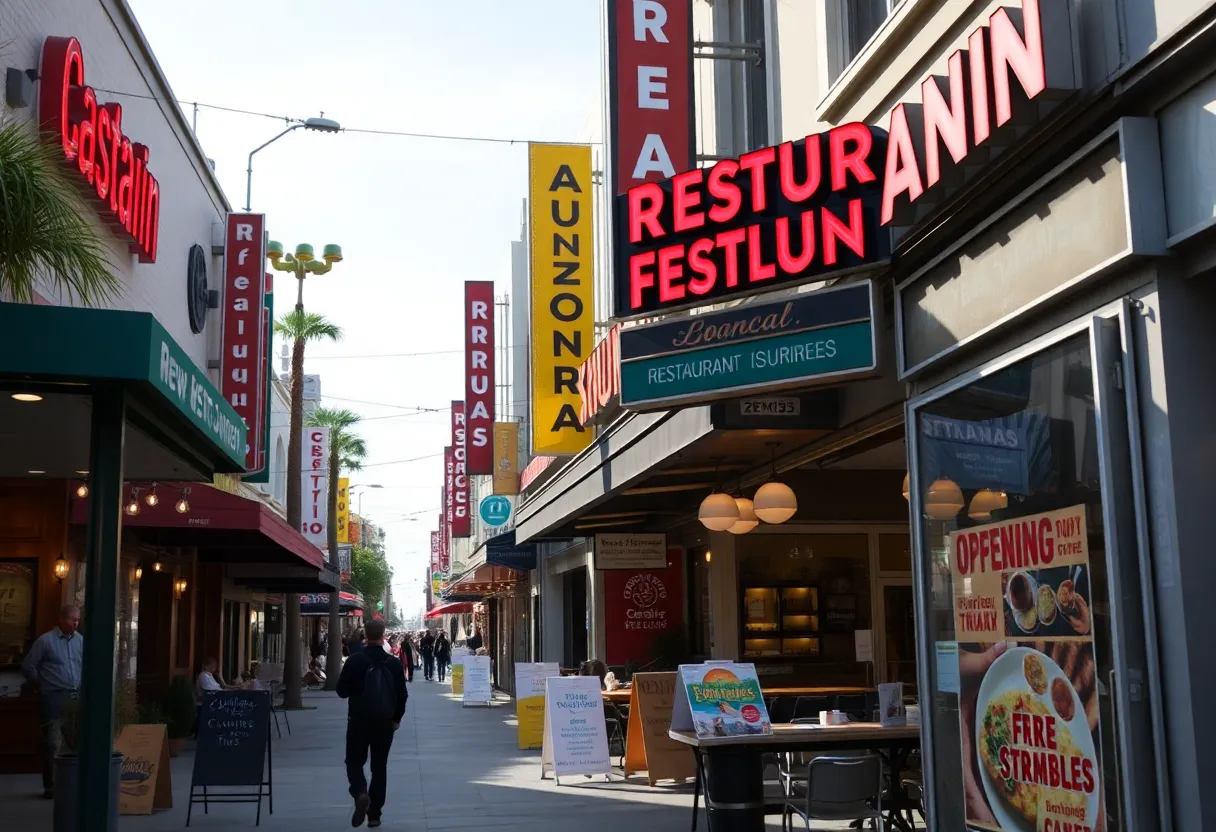 A street view depicting new restaurant openings in Los Angeles with outdoor dining setups and diverse food options.