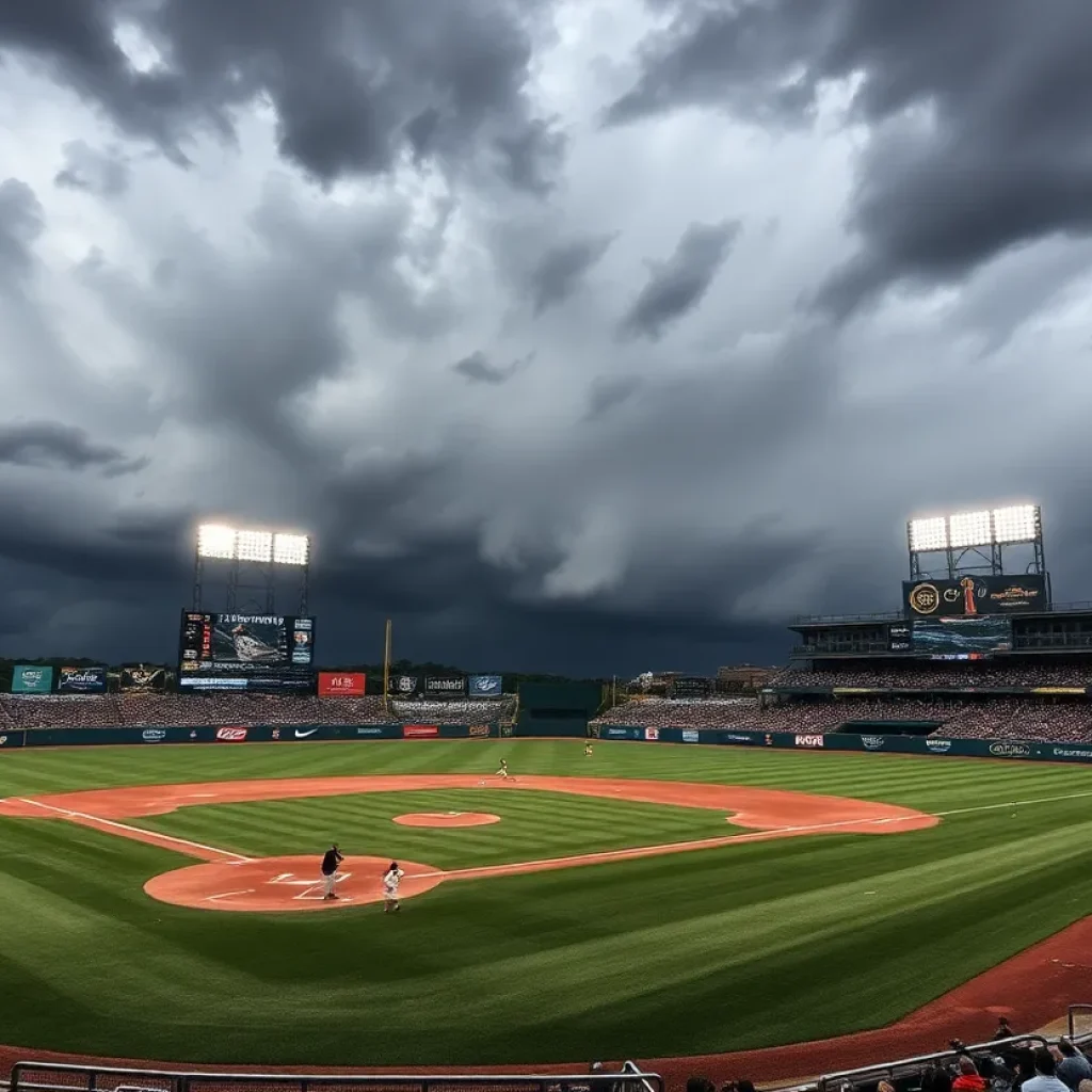 LSU players on the field with stormy skies above during the College World Series.