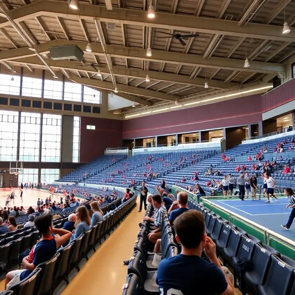 Modern college athletic facility with diverse athletes training
