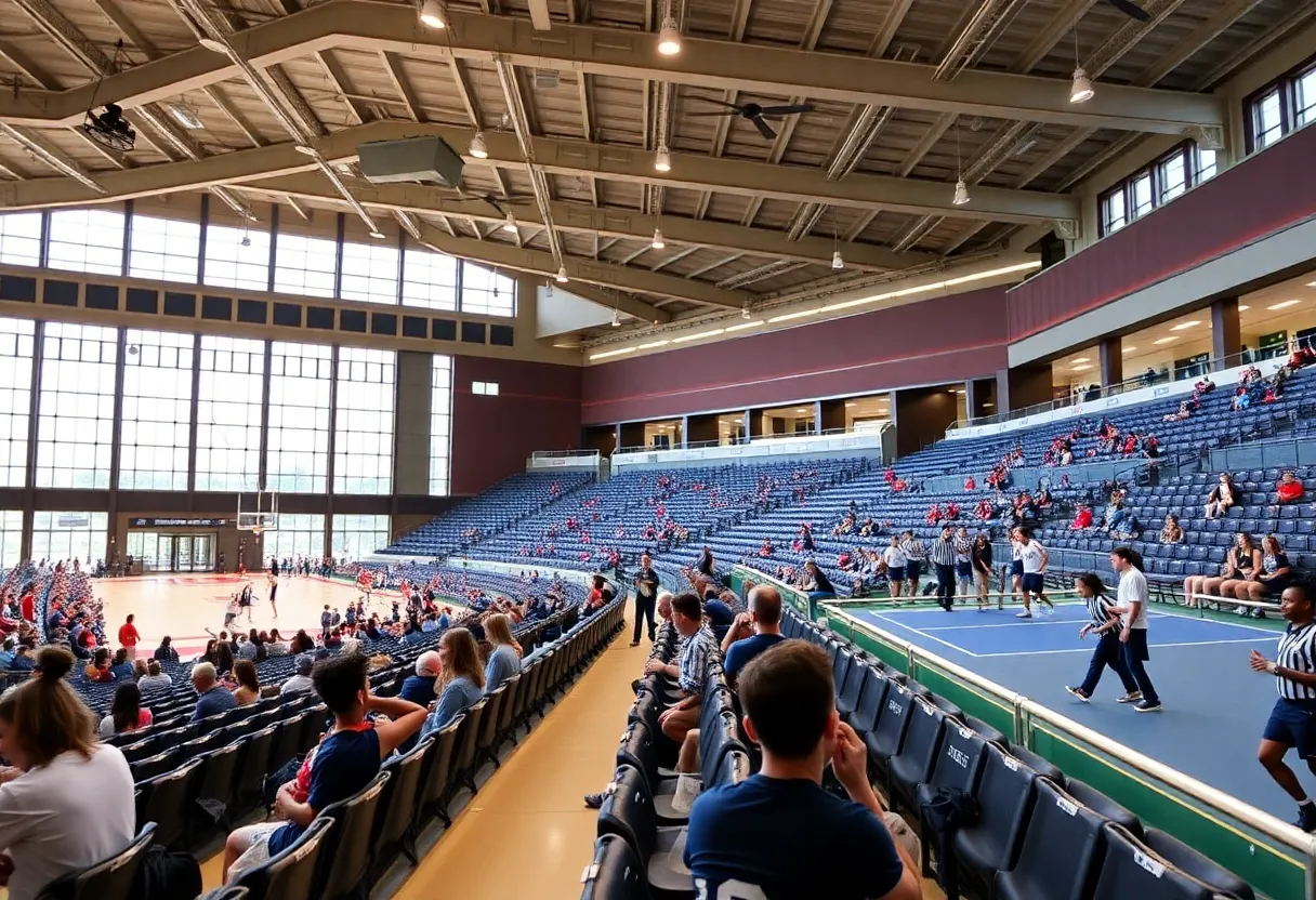 Modern college athletic facility with diverse athletes training