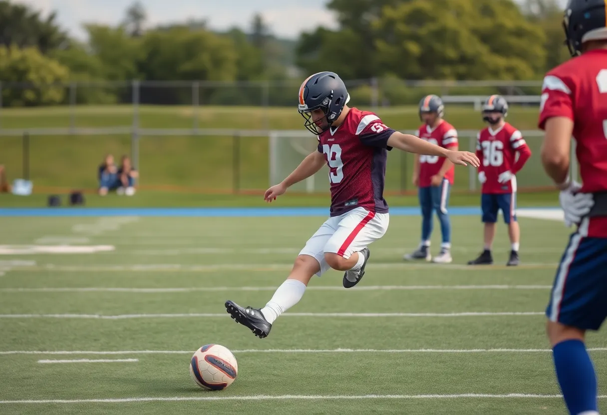 Punter kicking a football during practice