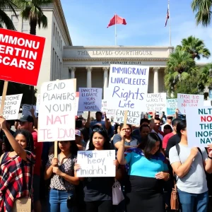 Diverse group of protesters at a courthouse advocating for immigrant rights in Los Angeles.