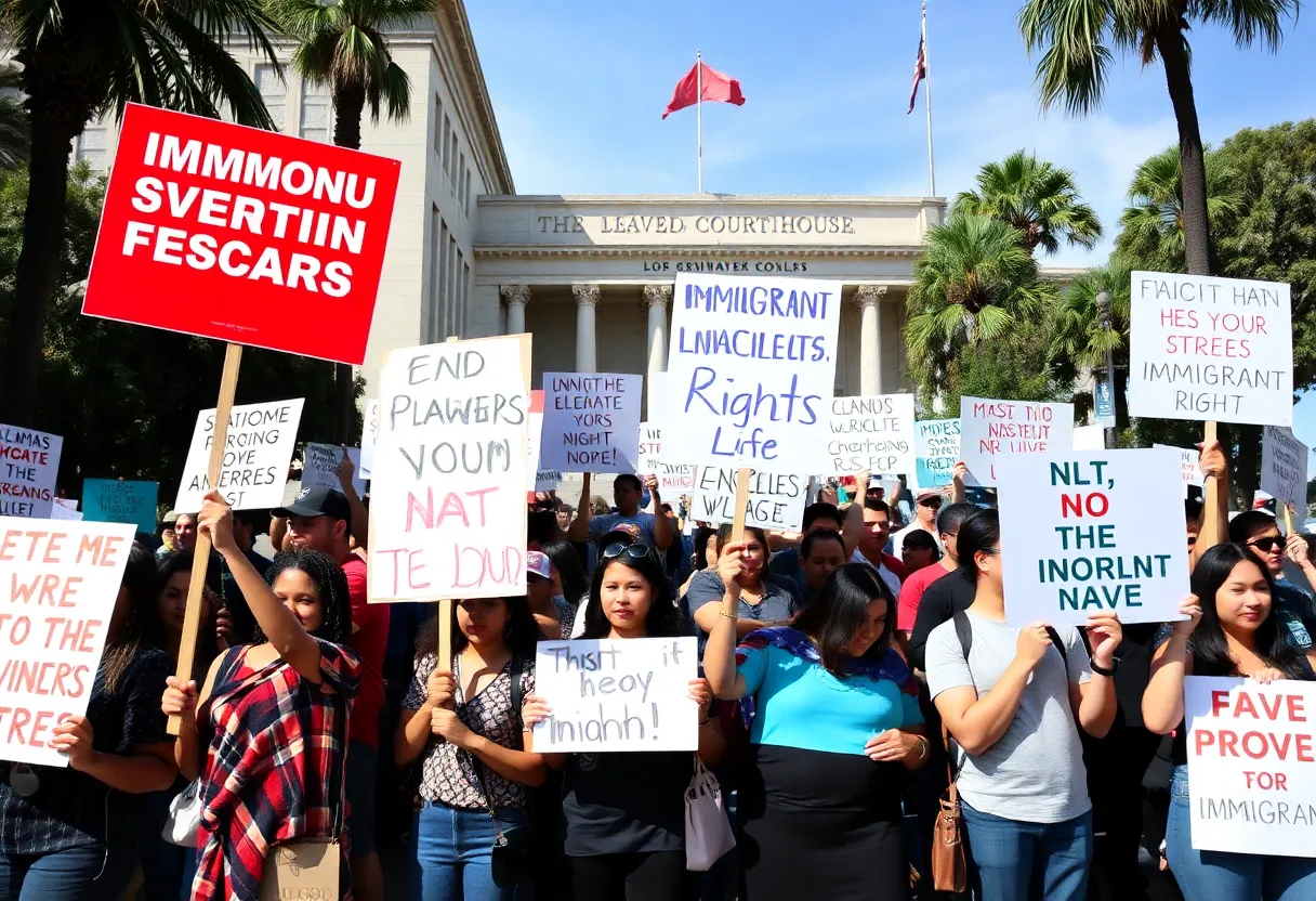 Diverse group of protesters at a courthouse advocating for immigrant rights in Los Angeles.