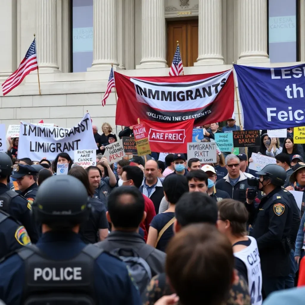 Crowd protesting against immigration enforcement outside federal building