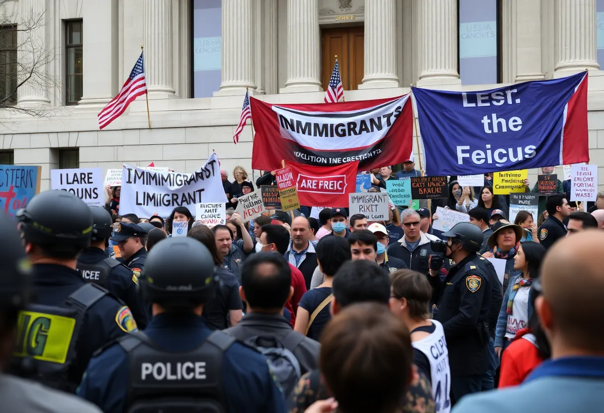 Crowd protesting against immigration enforcement outside federal building