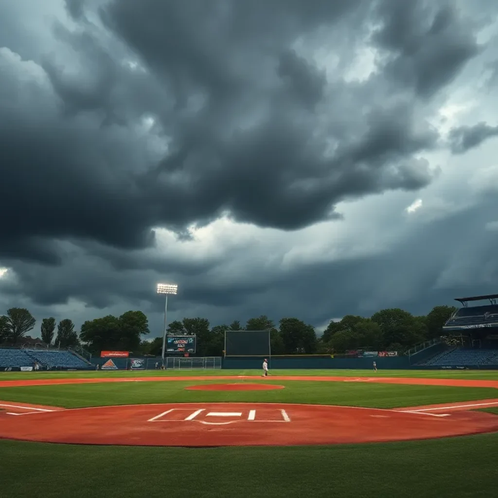 Thunderstorm over a college baseball field during the World Series