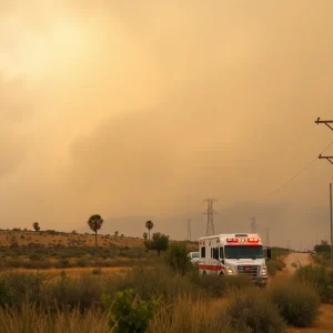 Power lines in dry Southern California landscape during wildfire threats