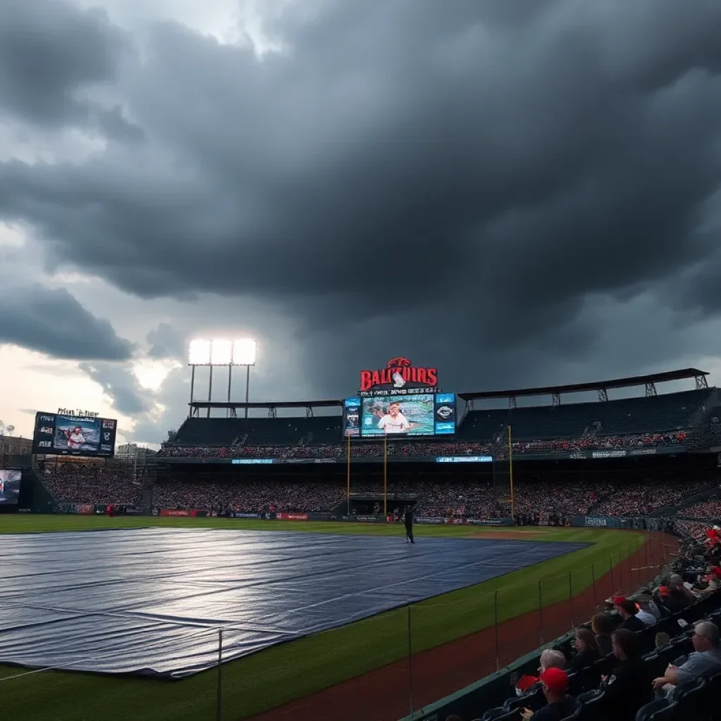 Tarp covering baseball field during storm