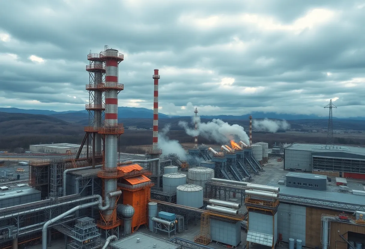 Industrial view of Tomago aluminium smelter with machinery under cloudy skies.