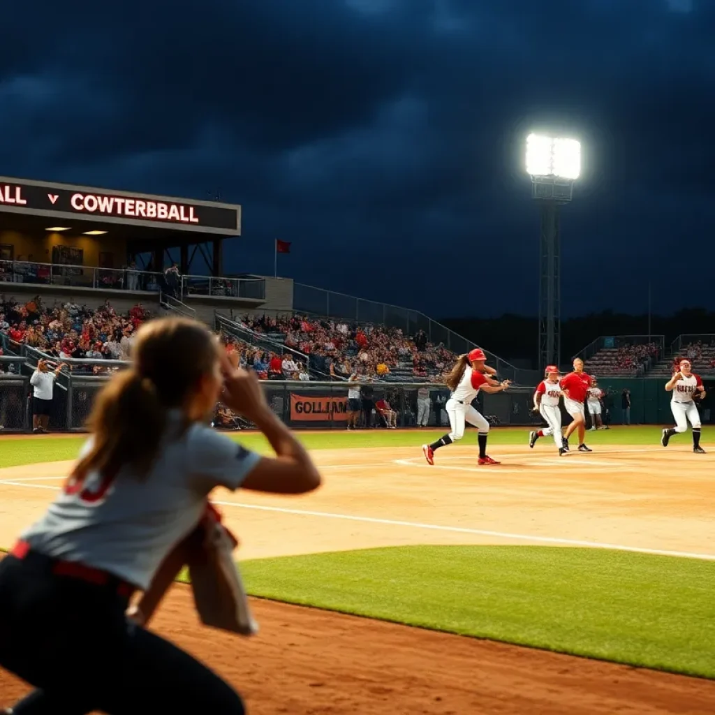 Players in the midst of an intense softball game during Women's College World Series