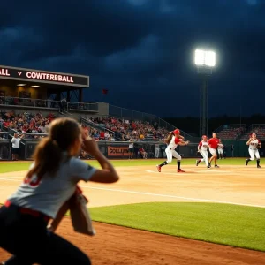 Players in the midst of an intense softball game during Women's College World Series