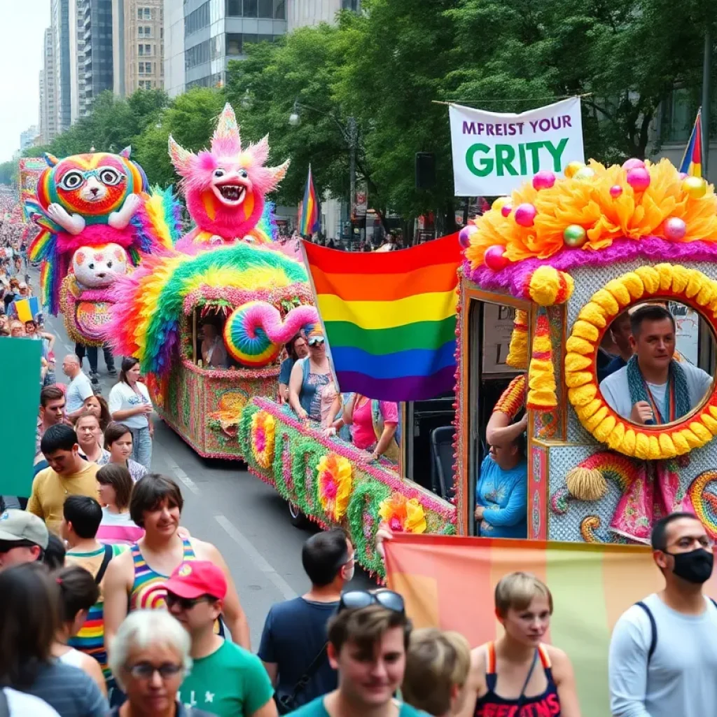 Crowd celebrating during the WeHo Pride Parade with colorful floats.